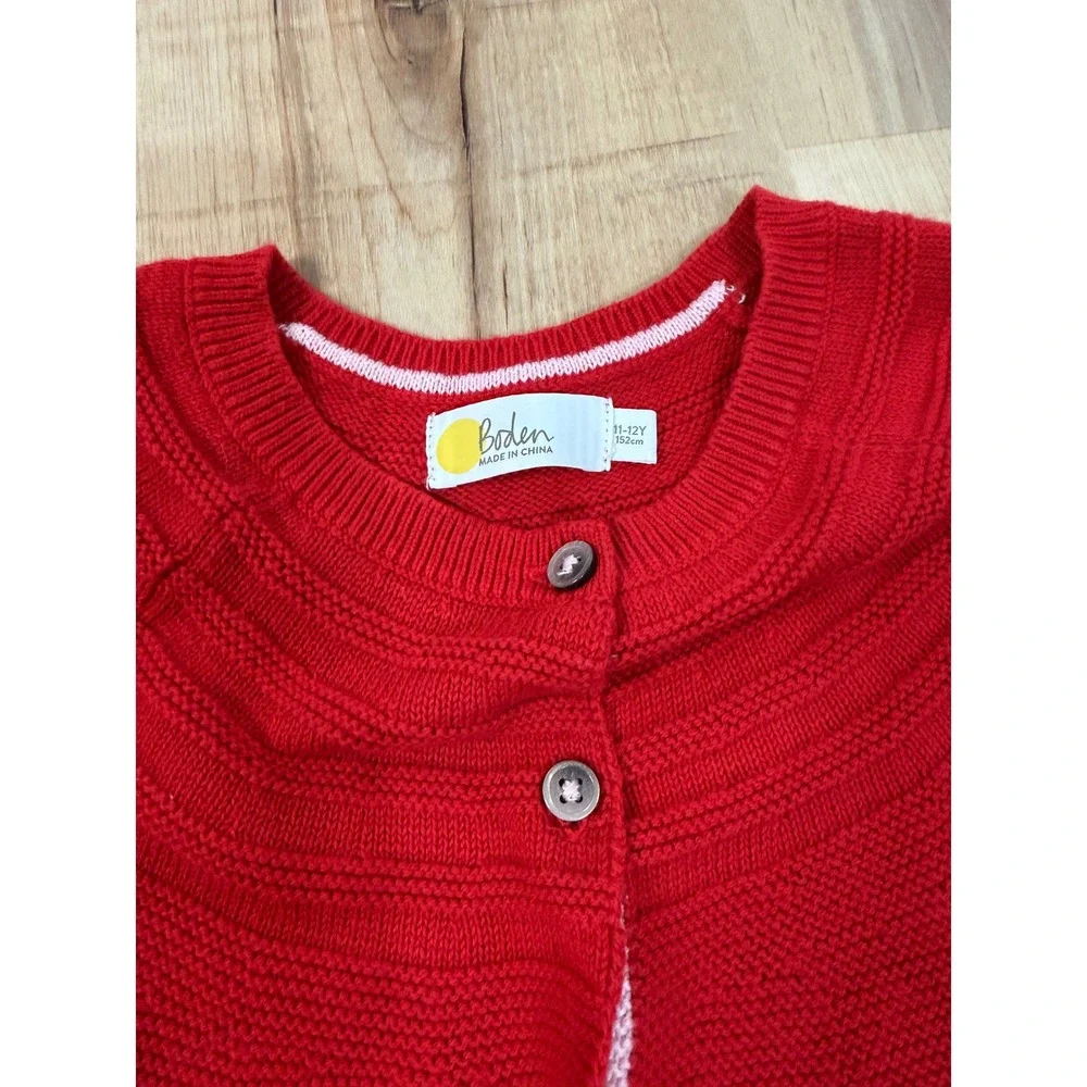 Boden Girls Red Cotton Cashmere Knit Cardigan Sweater Size 11-12Y